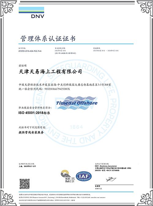 ISO 45001 職業健康安全(quán)管理體係認證證書 ISO 45001 職業健康安全管理體係認證證書